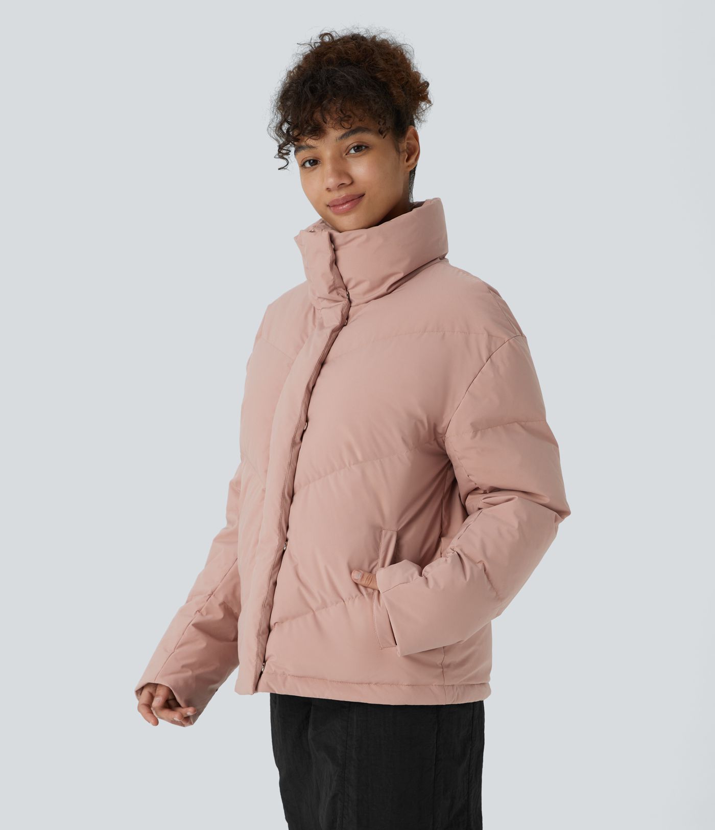 Water Repellent Funnel Neck Side Pocket Snap Button Zipper Drawstring Hem Relaxed Casual Puffer Down Jacket