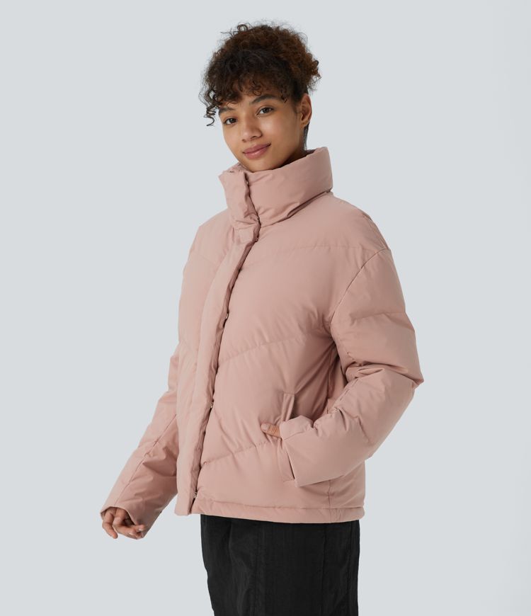 Water Repellent Funnel Neck Pocket Snap Zipper Drawstring Hem Relaxed Casual Puffer Down Jacket