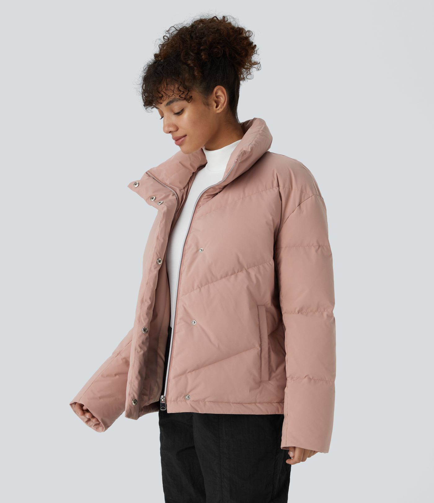 Water Repellent Funnel Neck Side Pocket Snap Button Zipper Drawstring Hem Relaxed Casual Puffer Down Jacket