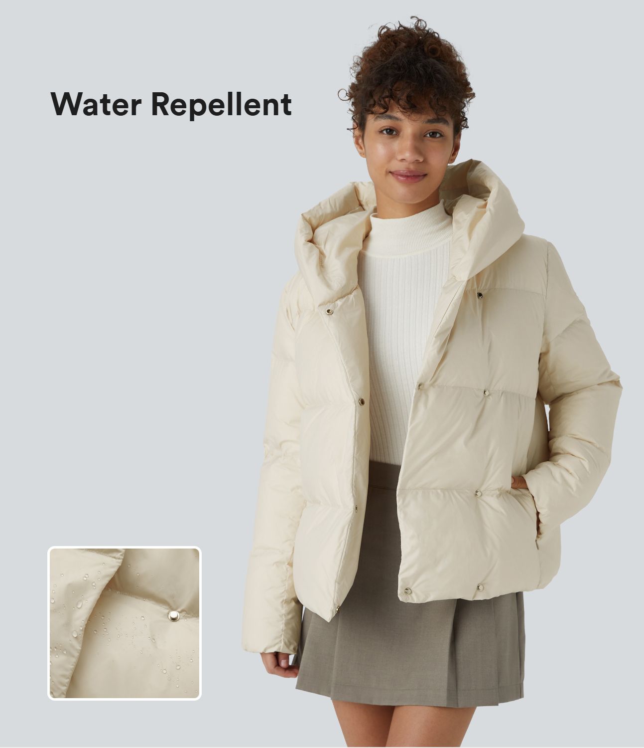 Water Repellent Hooded Side Zipper Pocket Snap Relaxed Casual Puffer Down Jacket