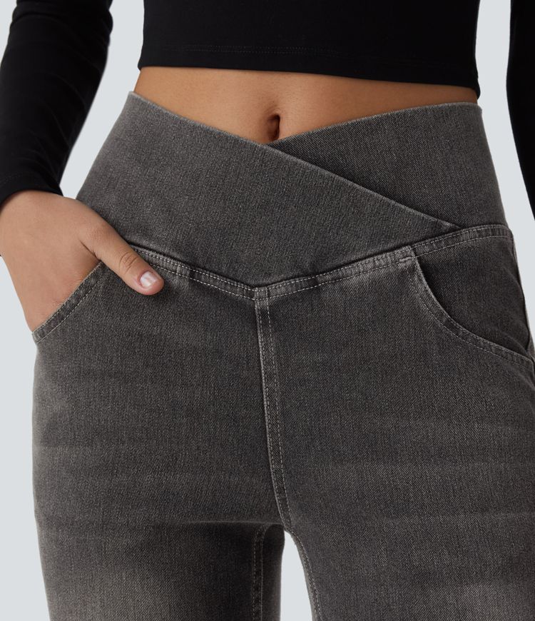 Jean Halara Flex™ taille haute avec poches croisées, délavés, décontractées et larges jambes