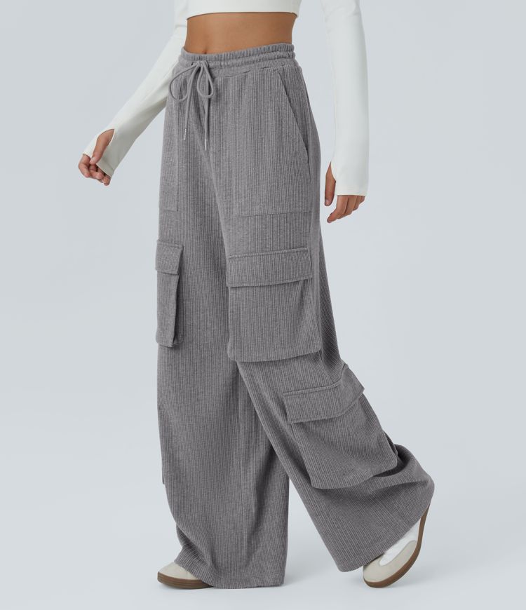 Ribbed Mid Rise Drawstring Multiple Pockets Wide Leg Cargo Casual Pants