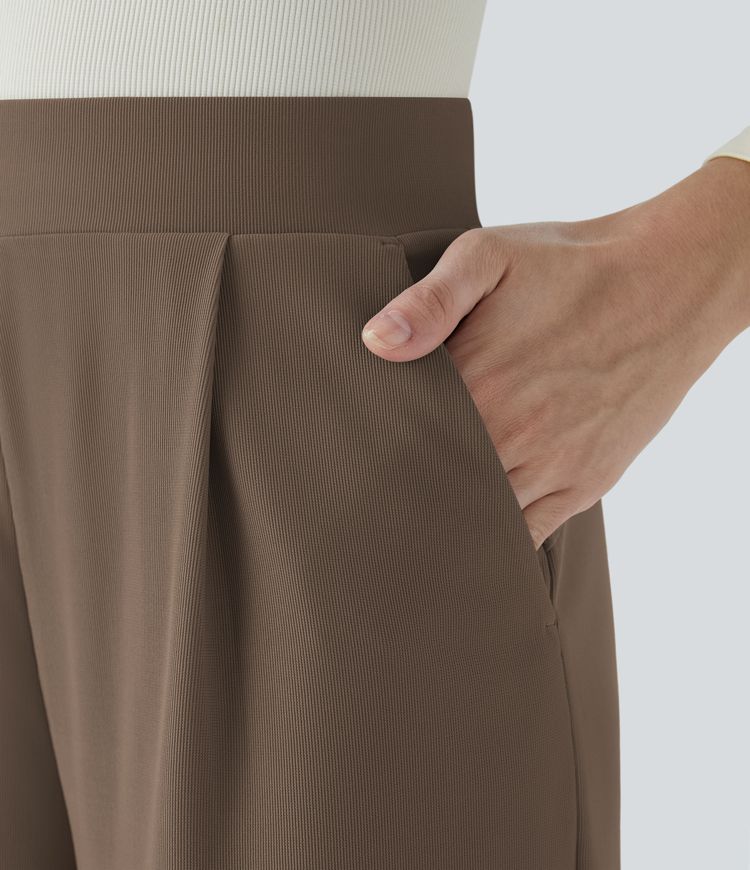 High Waisted Body Sculpt Waist-Slimming Side Pocket Wide Leg Micro Waffle Work Pants