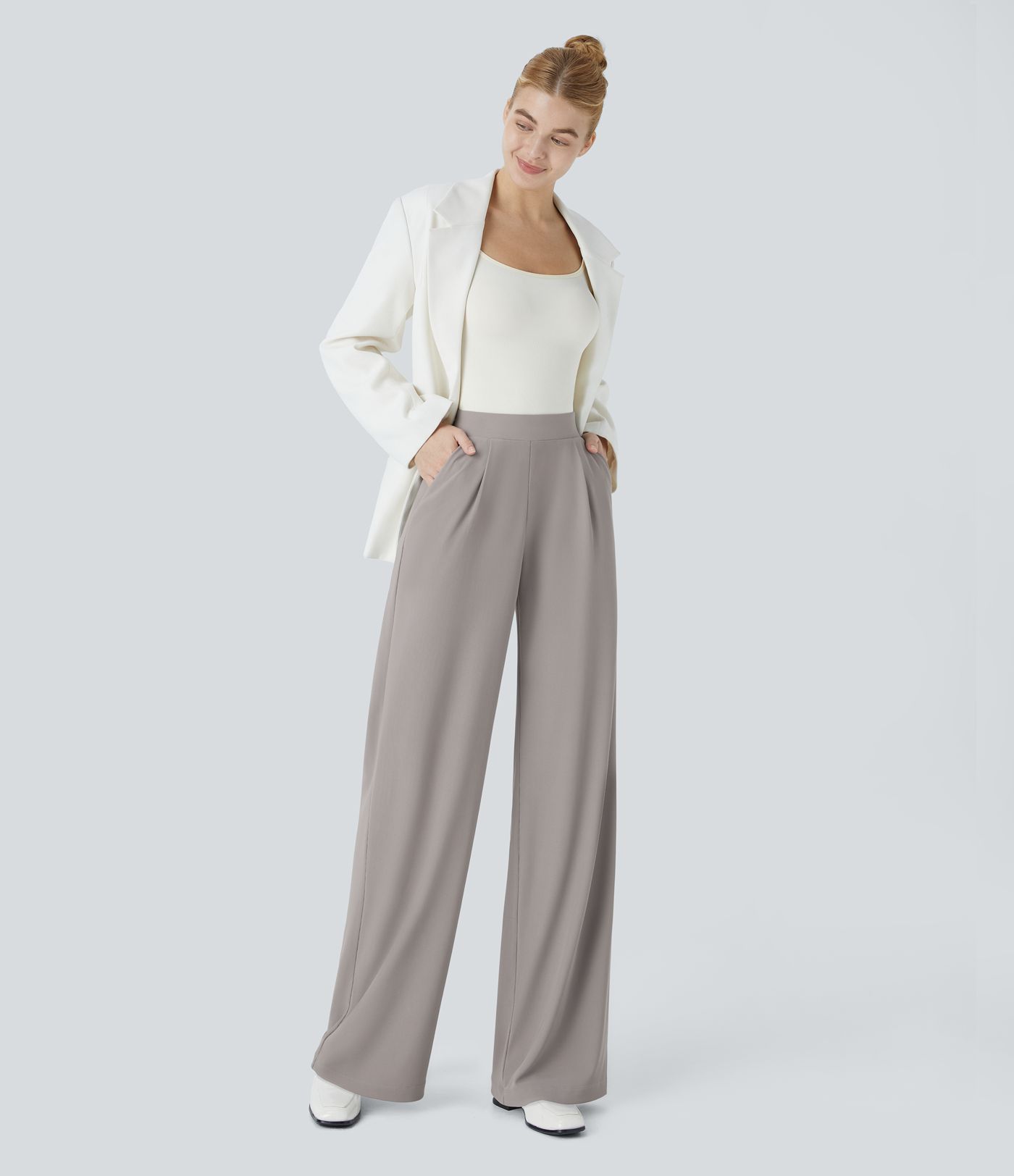 Pantalón Halara Flex™ oficina tiro alto control abdomen adelgazan tiro bolsillo lateral pierna ancha micro gofre