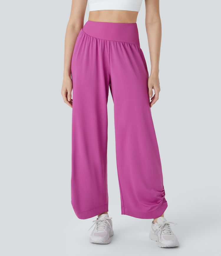 Pantalón yoga dobladillo curvo fruncido bolsillo lateral acanalado contrastante tiro alto