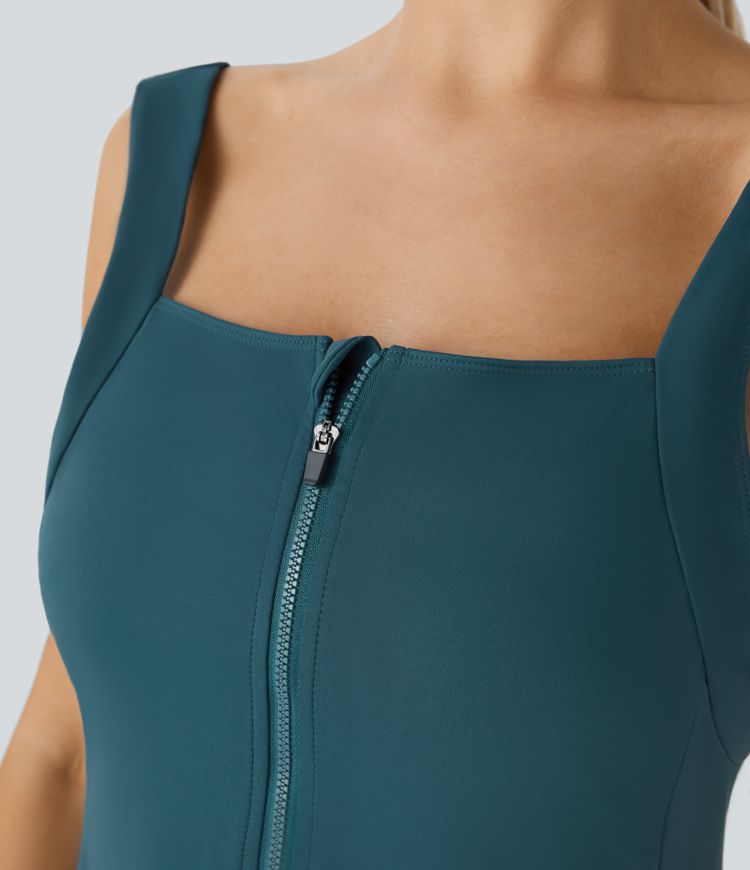 Front Half Zip Side Cargo Pocket Backless Two Piece Quick Dry Mini Tank Active Onepiece