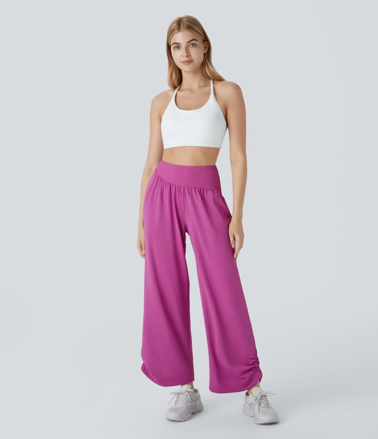 Pantalón yoga dobladillo curvo fruncido bolsillo lateral acanalado contrastante tiro alto