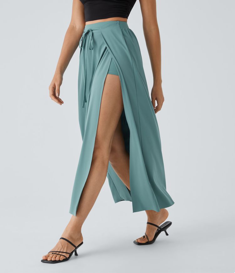 Breezeful™ High Waisted Tie Front Flowy 2-in-1 Maxi Quick Dry Casual Skirt