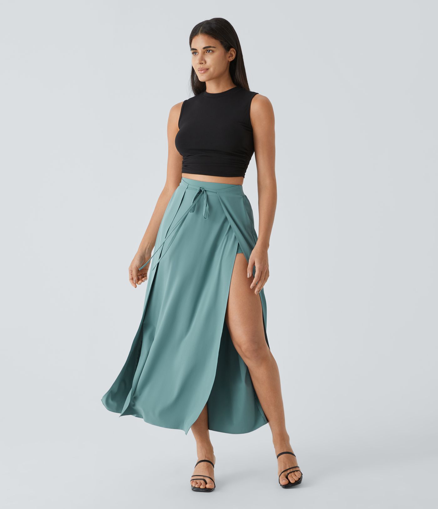 Breezeful™ High Waist Tie-Front Puckered Split Flowy 2-in-1 Maxi Quick-Dry Casual Skirt