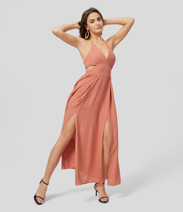 Vestido maxi con escote en V y hombros descubiertos con bolsillos Azul Marino