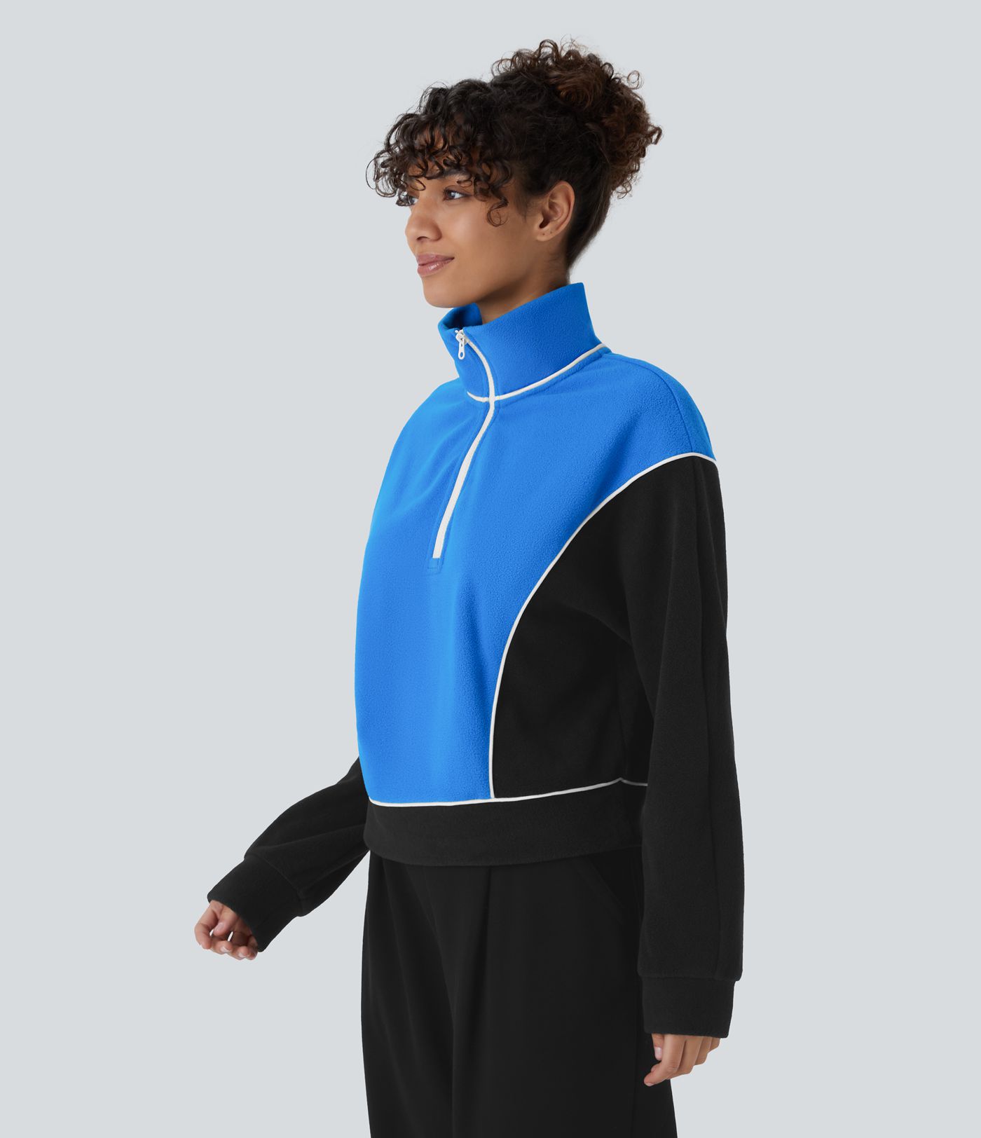 Stand Collar Half Zip Long Sleeve Colour Block Fleece Casual Sweatshirt