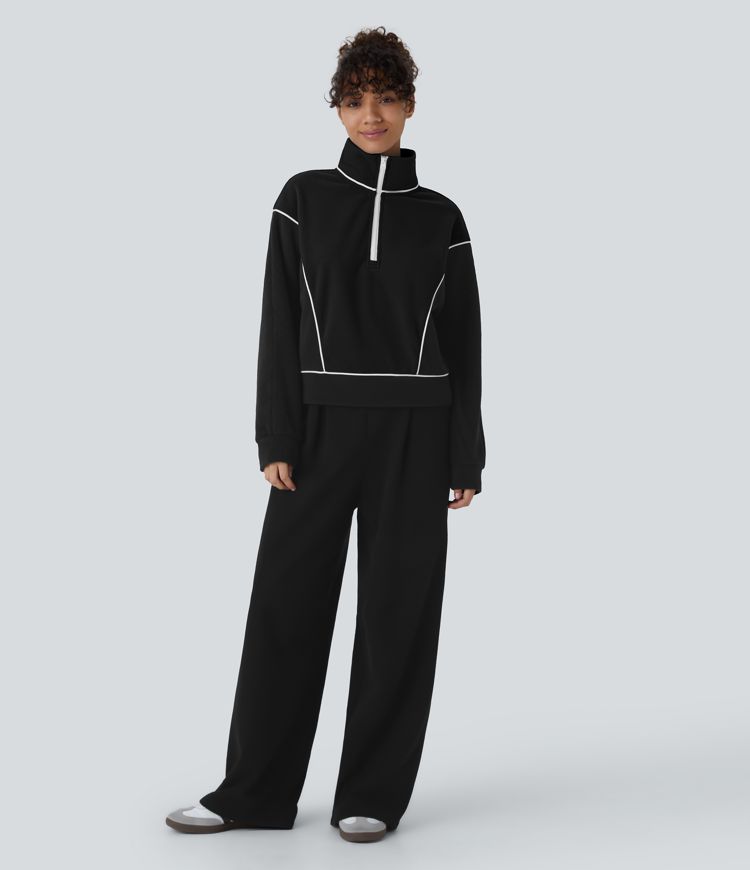 Women's Stand Collar Half Zip Long Sleeve Color Block Fleece
