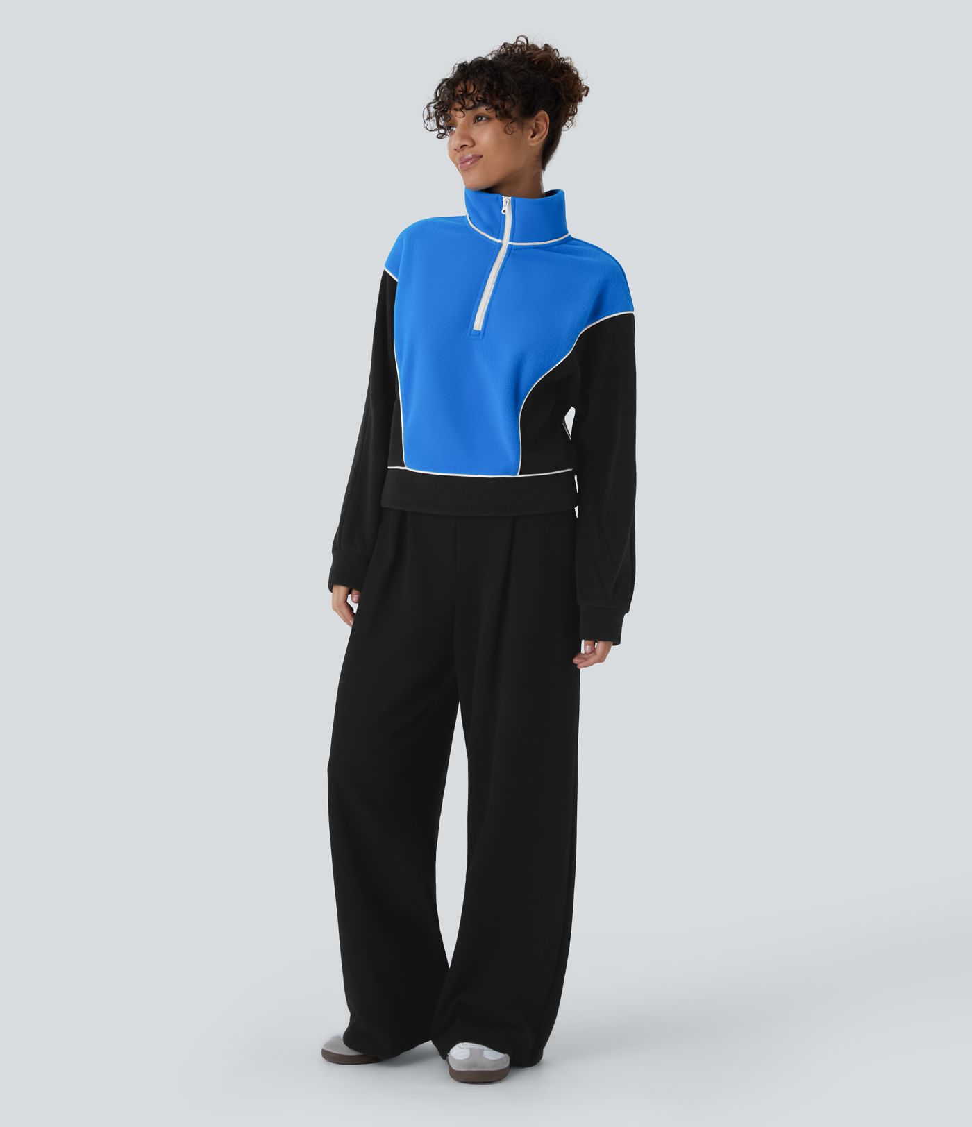 Stand Collar Half Zip Long Sleeve Colour Block Fleece Casual Sweatshirt