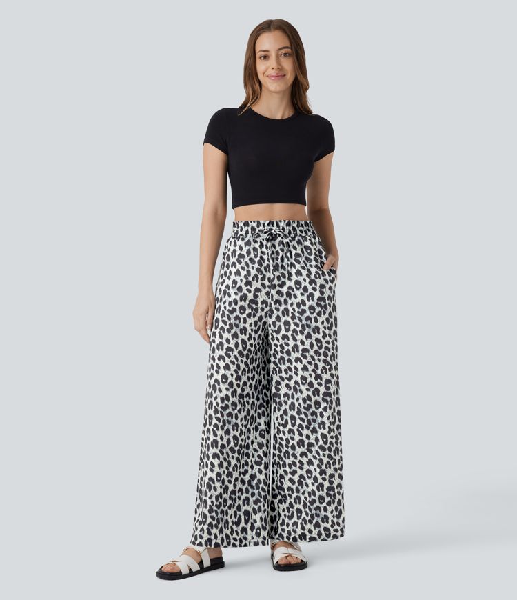 High Waisted Drawstring Pocket Leopard Print Wide Leg Casual Pants