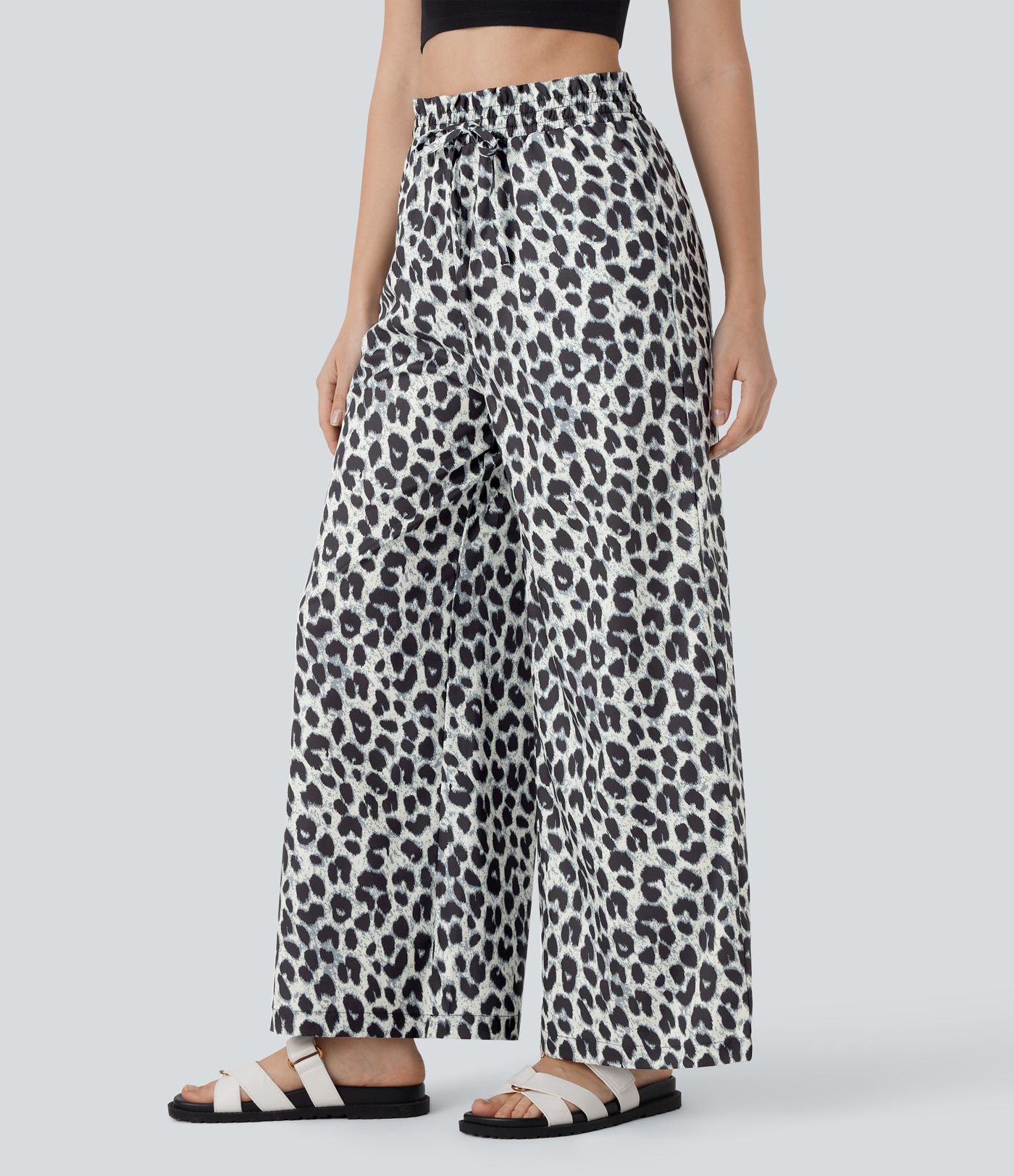 High Waisted Drawstring Pocket Leopard Print Wide Leg Casual Trousers