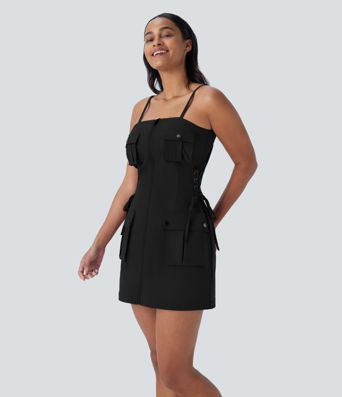 Robe cargo courte déperlante en sergé à bretelles ajustables, zips, multi-poches et laçage latéral