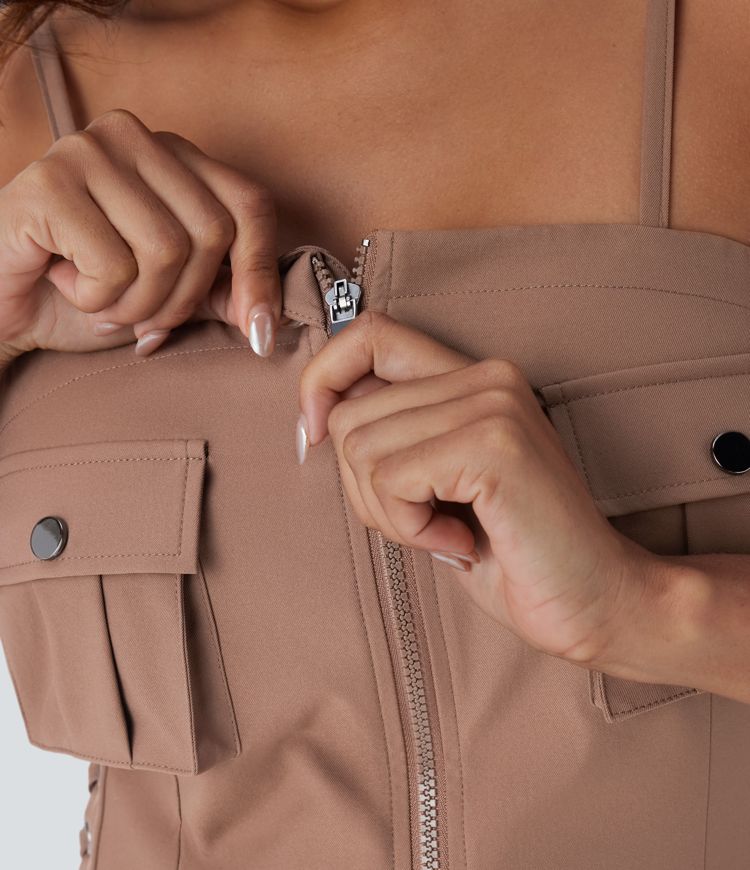 Mini Vestido cargo senderismo sarga cordón lateral repelente agua cremallera múltiple bolsillo