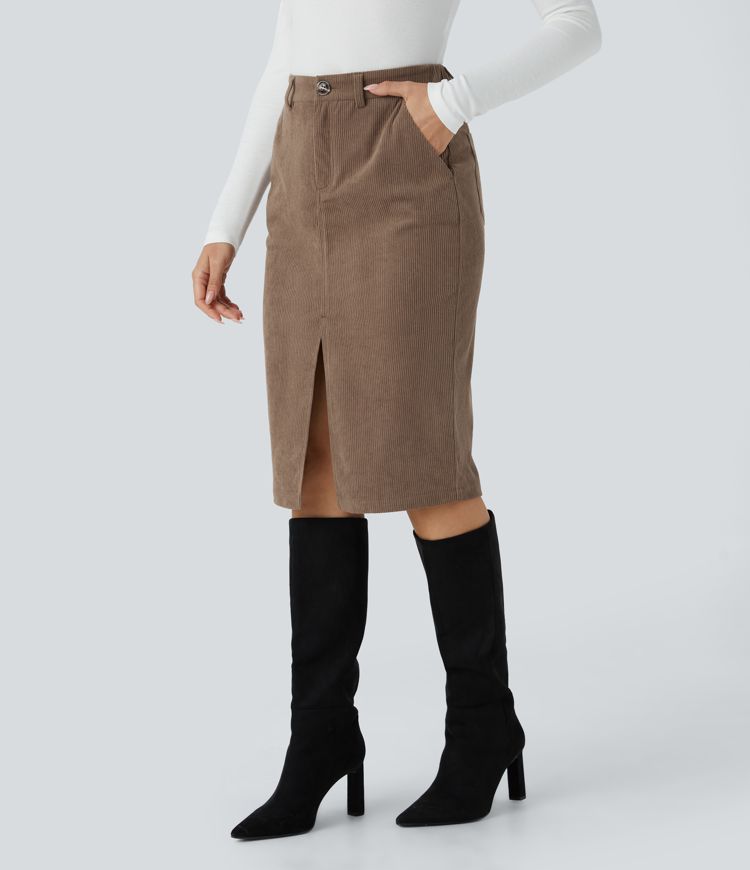 Falda oficina pana midi dividida tiro alto botón cremallera múltiple bolsillo