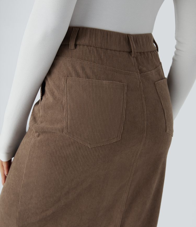 Falda oficina pana midi dividida tiro alto botón cremallera múltiple bolsillo