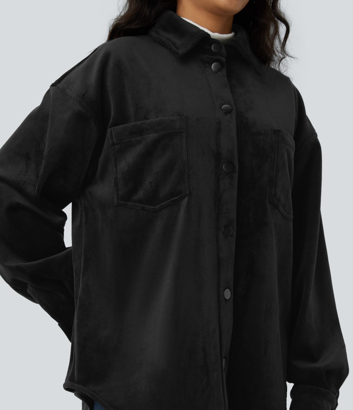 Collared button long sleeve chest pocket curved hem fleece corduroy casual jacket