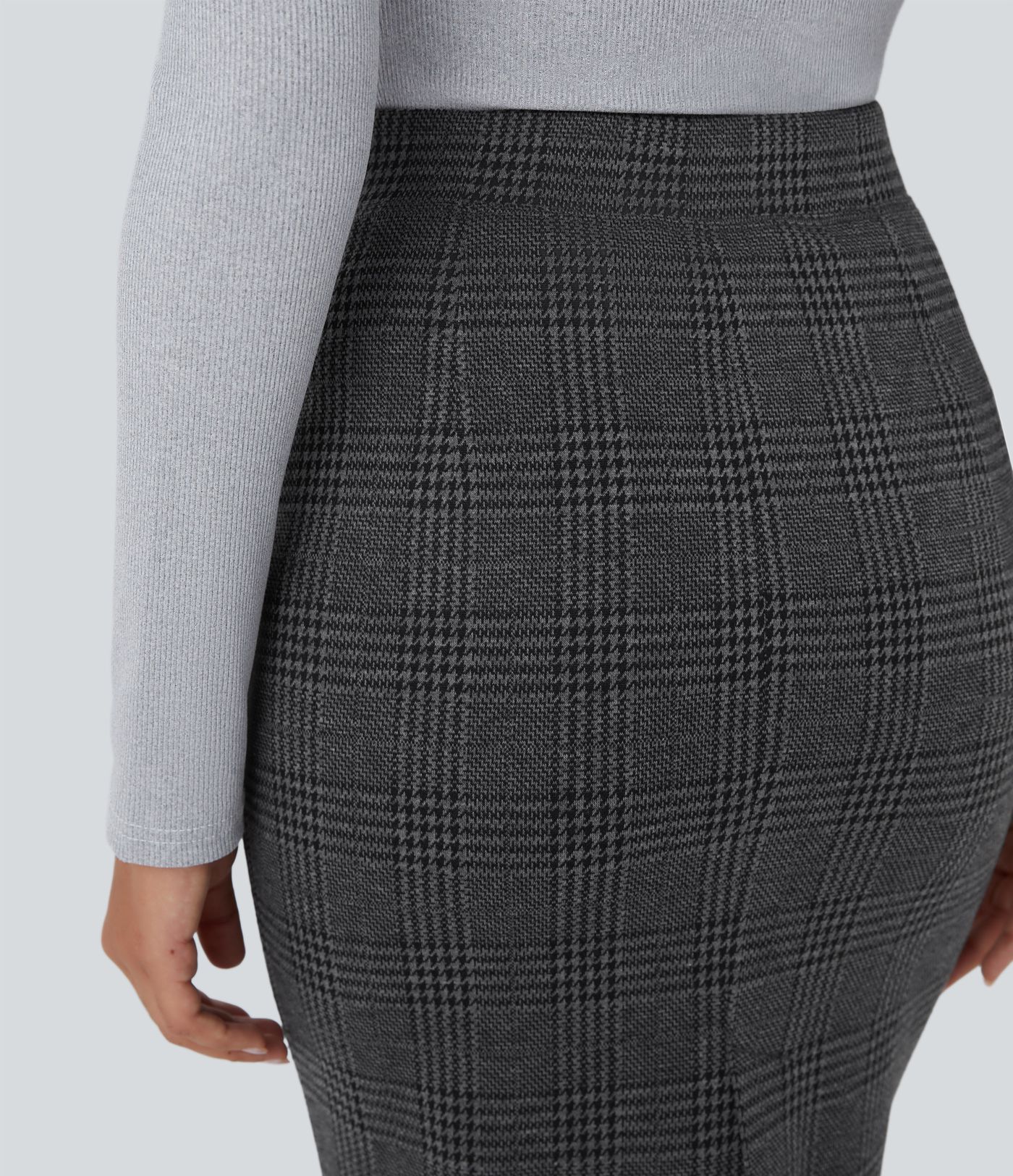 Saia Lapis de Trabalho Xadrez Pied-de-Poule de Cintura Alta