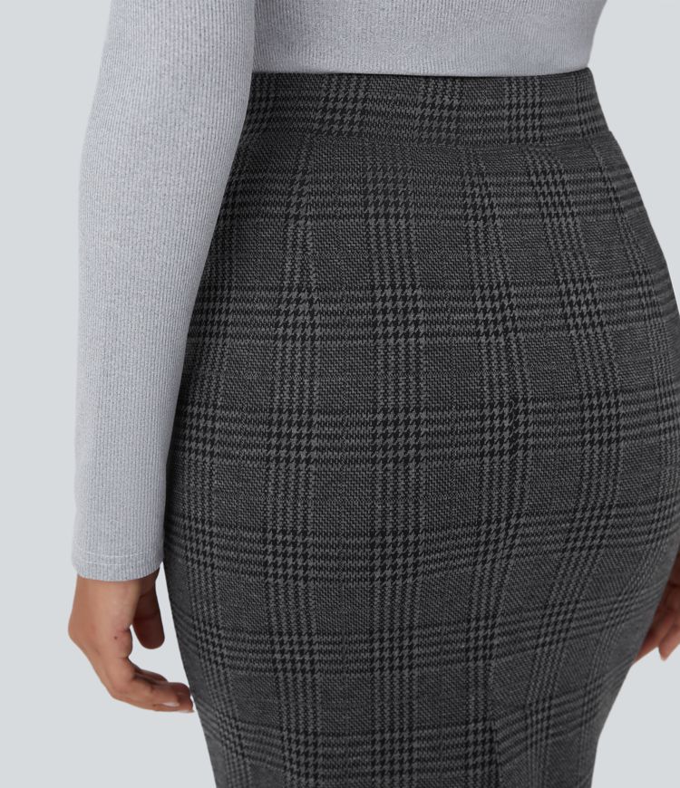 Saia Lapis de Trabalho Xadrez Pied-de-Poule de Cintura Alta