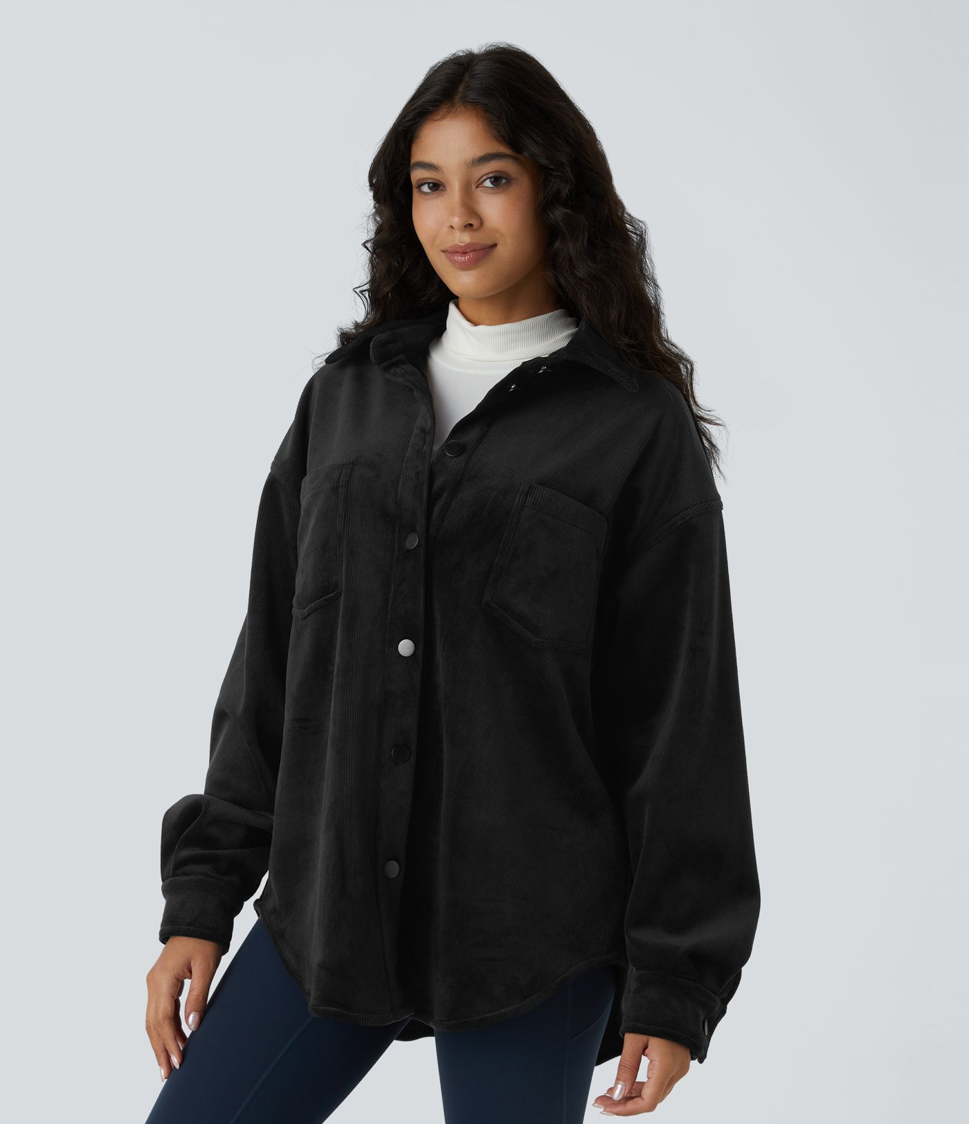 Collared button long sleeve chest pocket curved hem fleece corduroy casual jacket