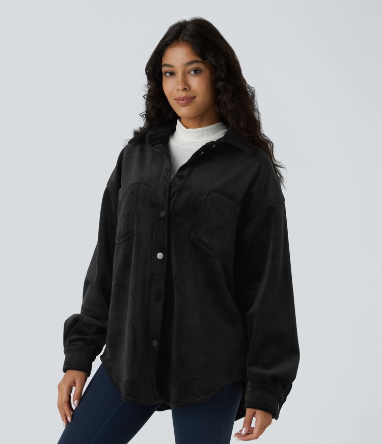 Collared button long sleeve chest pocket curved hem fleece corduroy casual jacket