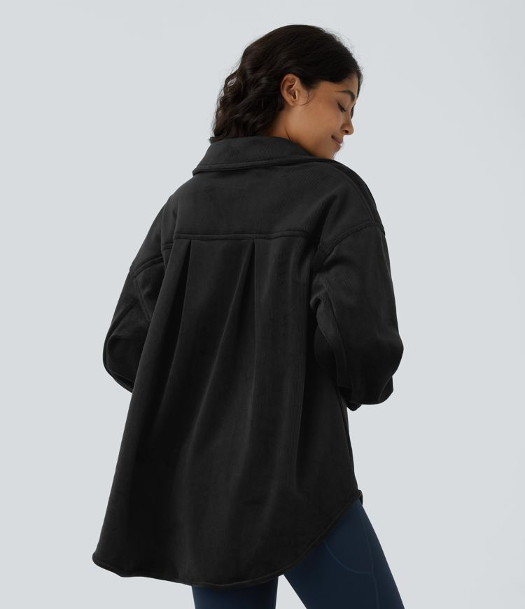 Collared button long sleeve chest pocket curved hem fleece corduroy casual jacket