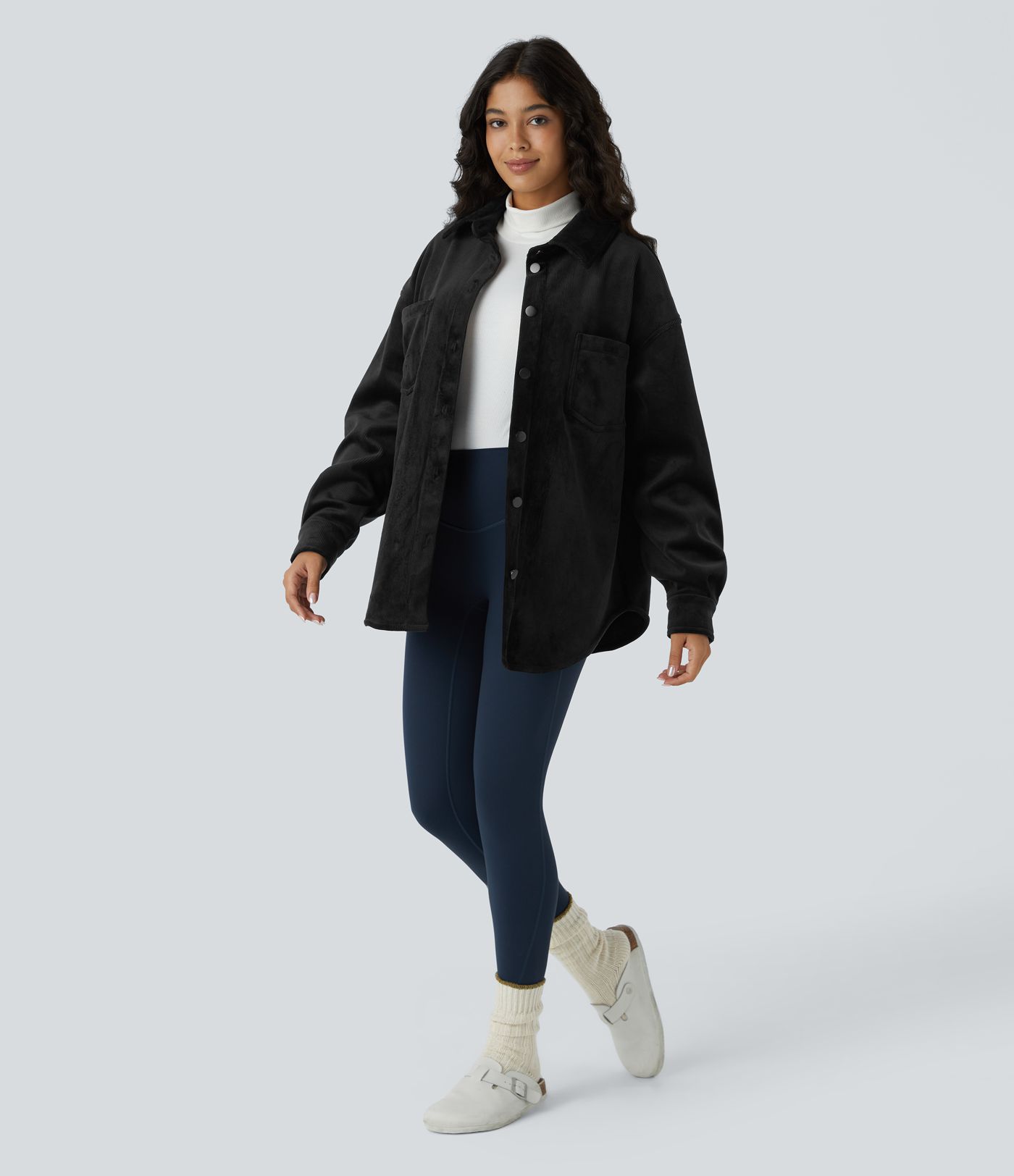 Collared button long sleeve chest pocket curved hem fleece corduroy casual jacket