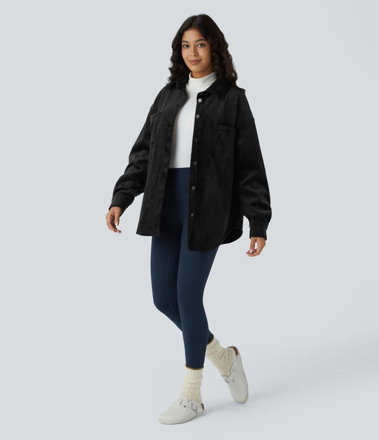 Collared button long sleeve chest pocket curved hem fleece corduroy casual jacket