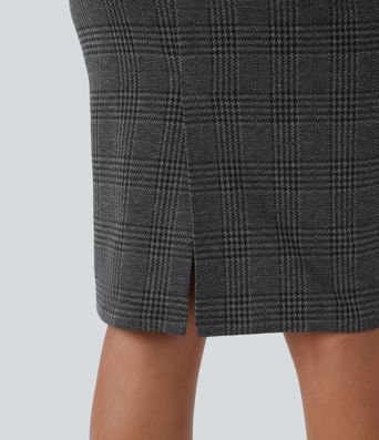 Saia Lapis de Trabalho Xadrez Pied-de-Poule de Cintura Alta