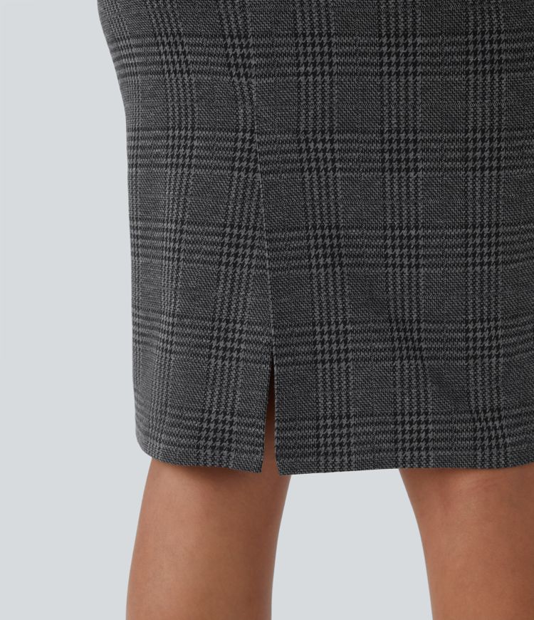 Saia Lapis de Trabalho Xadrez Pied-de-Poule de Cintura Alta