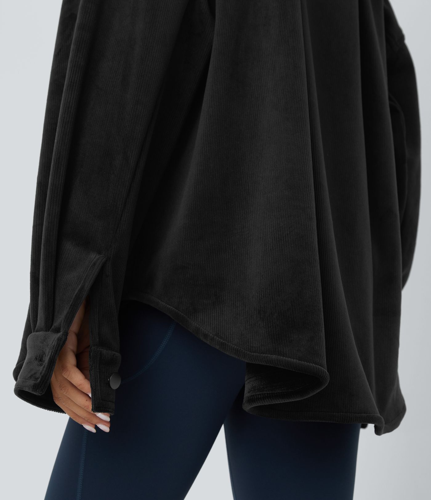 Collared button long sleeve chest pocket curved hem fleece corduroy casual jacket