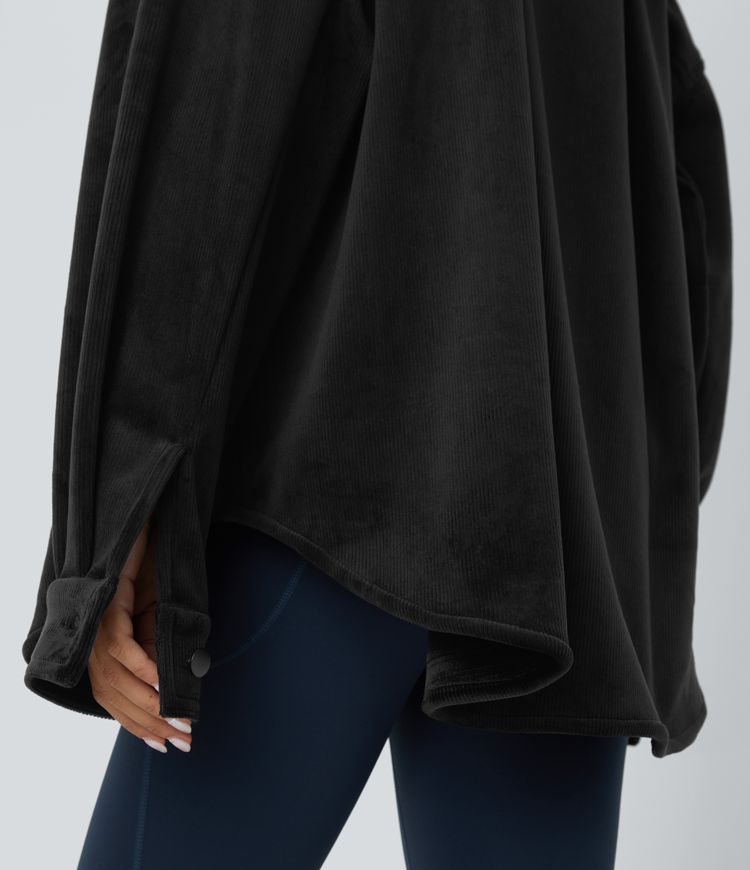 Collared button long sleeve chest pocket curved hem fleece corduroy casual jacket