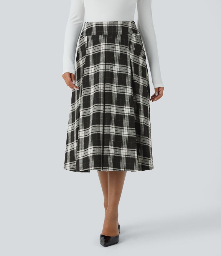 Jupe mi-longue décontractée à carreaux avec poches latérales et taille haute
