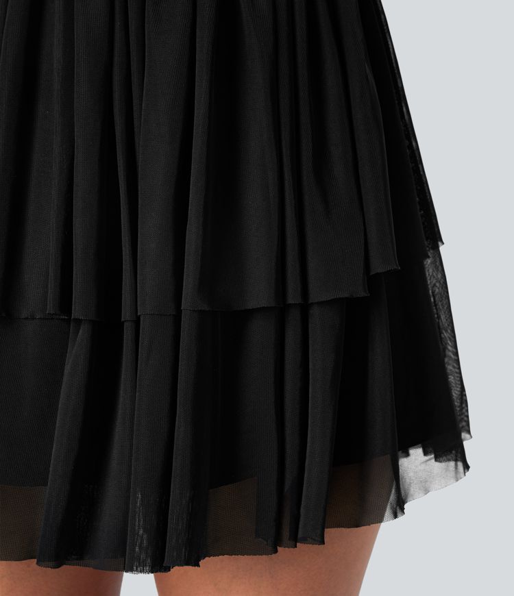 Mini-Partykleid aus Netzstoff mit Schnürung, rückenfreiem, mehrlagigem Tüllrock mit Kreuzmuster