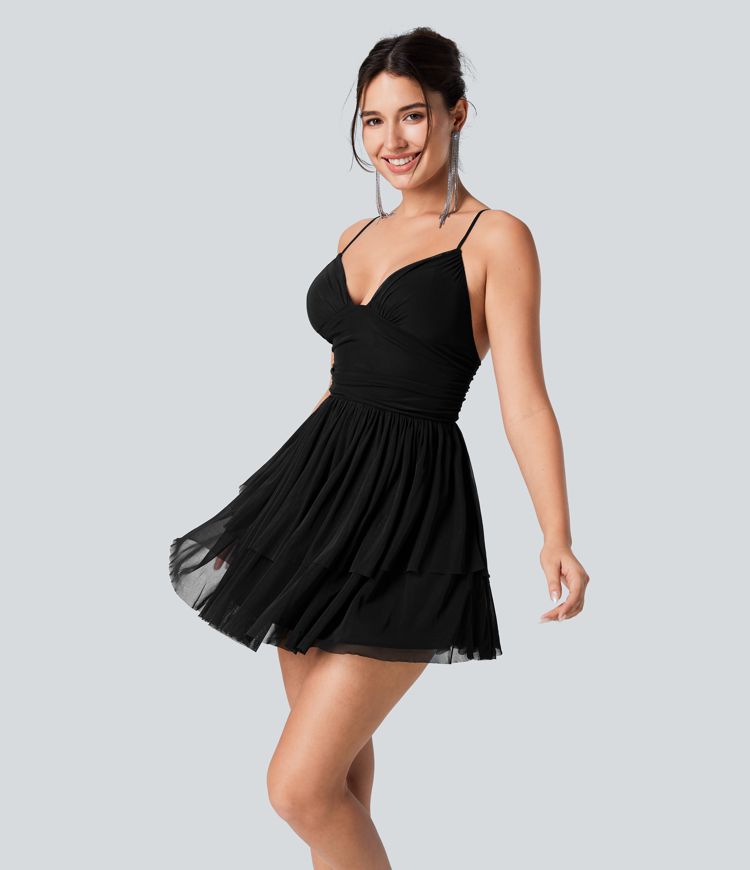 Backless Crisscross Lace Up Mesh Layered Mini Party Dress