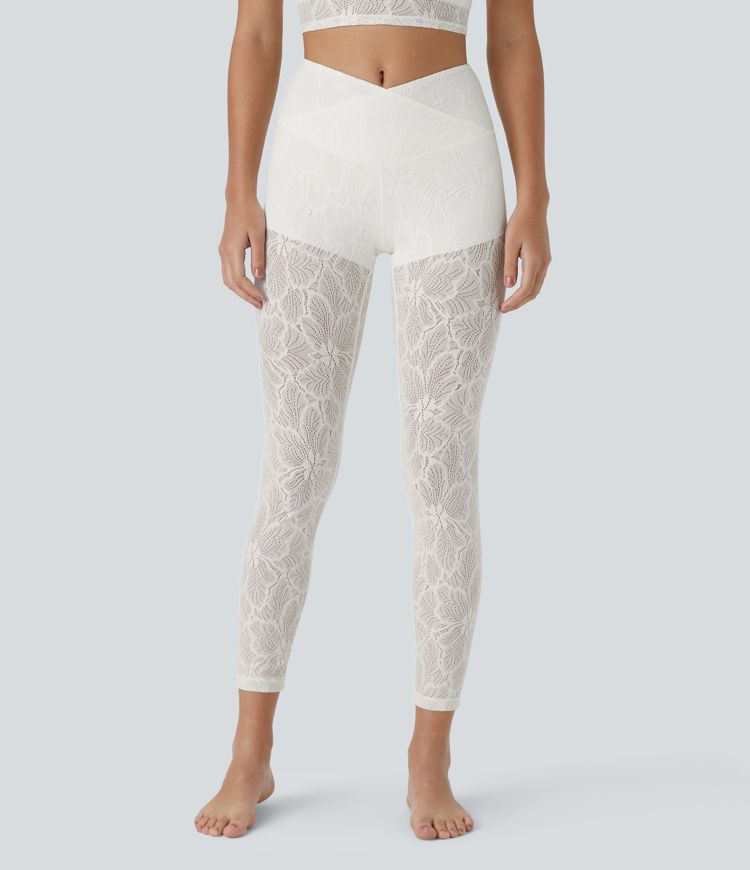 High Waisted Crossover 2-in-1 7/8 Lace Casual Leggings