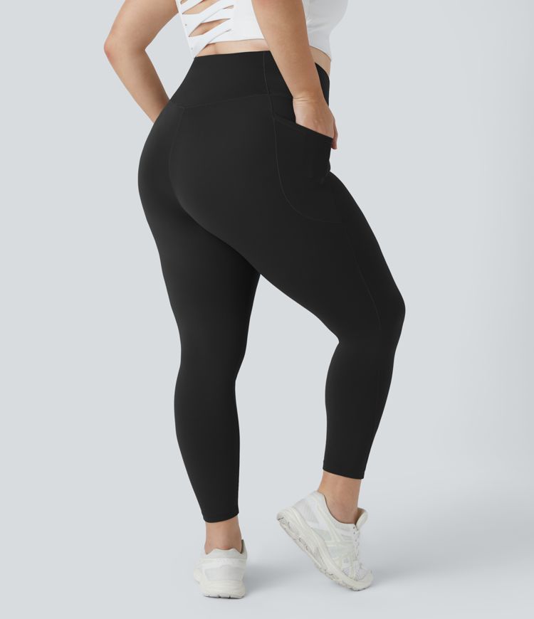 Softlyzero™ High Waisted Crossover Side Pocket Plain Plus Size Full Length Leggings-UPF50+