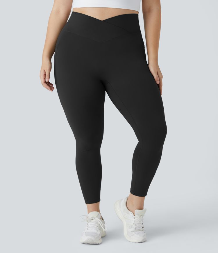 Softlyzero™ High Waisted Crossover Side Pocket Plain Plus Size Full Length Leggings-UPF50+