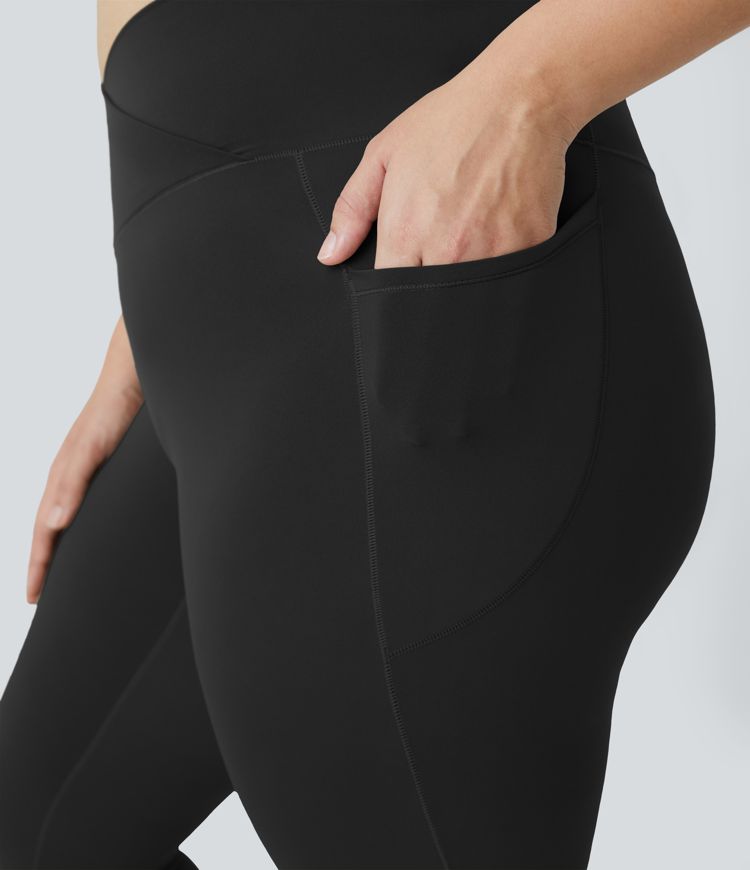 SoftlyZero™ High Waisted Crossover Pocket Plain Plus Size Full Length Leggings-UPF50+