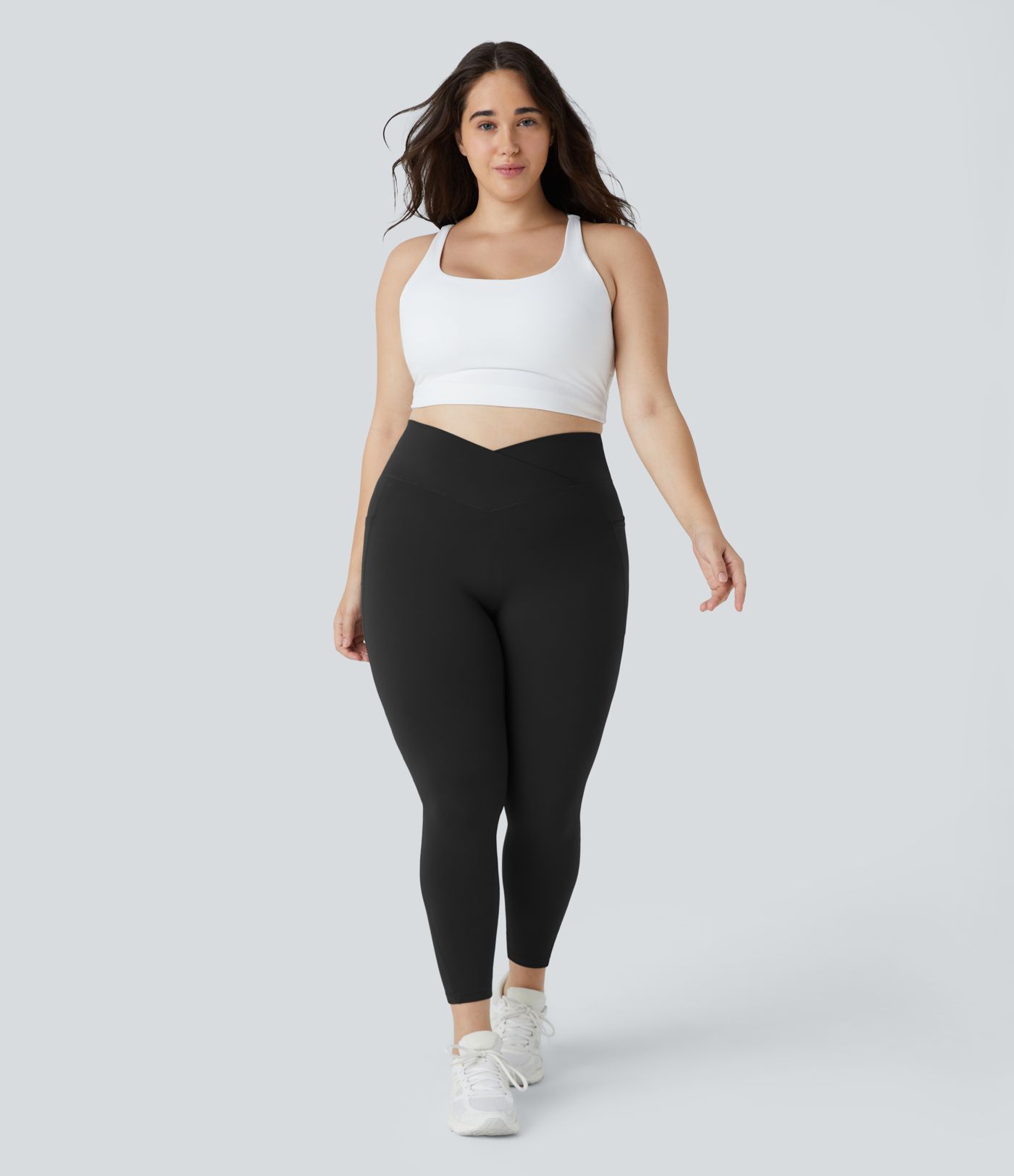 SoftlyZero™ High Waisted Crossover Pocket Plain Plus Size Full Length Leggings-UPF50+