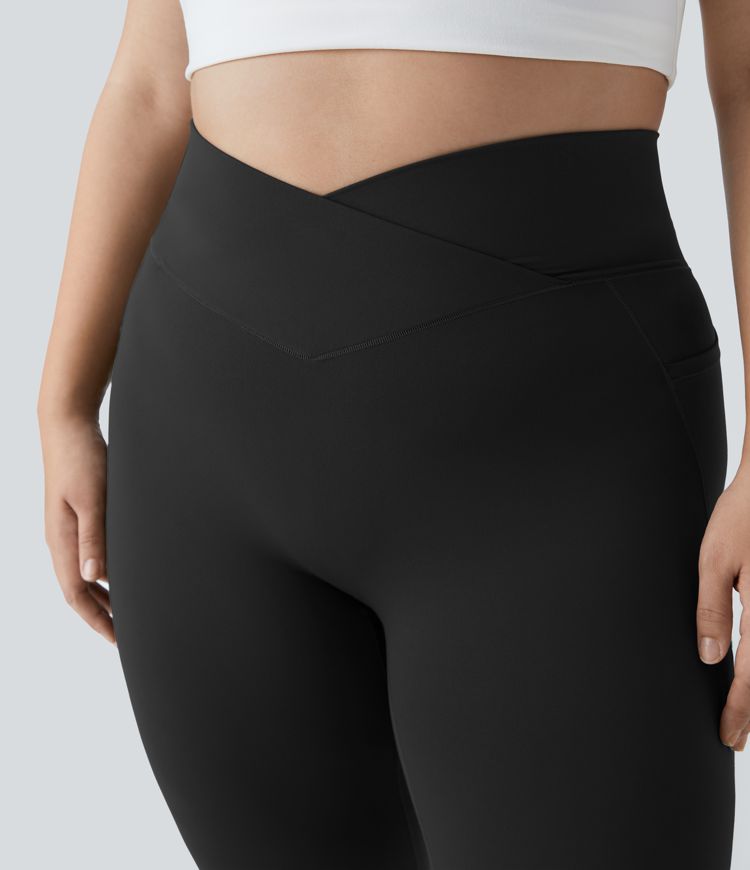 SoftlyZero™ High Waisted Crossover Pocket Plain Plus Size Full Length Leggings-UPF50+