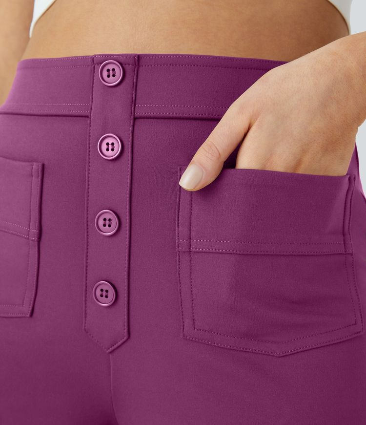 Pantalones pierna recta múltiple bolsillo botón tiro alto