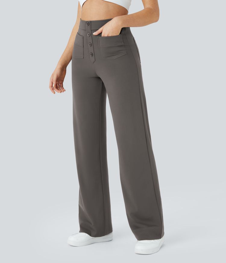 High Waisted Pockets Straight Leg Casual Pants
