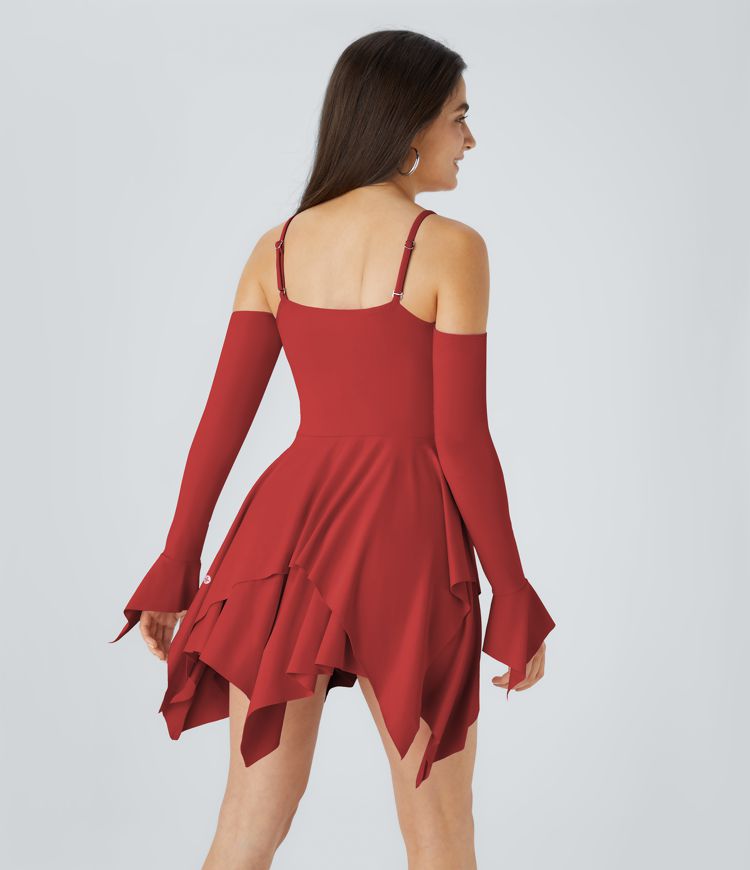Adjustable Strap Ruched Backless Long Sleeve Layered Hanky Hem Mini Casual Dress