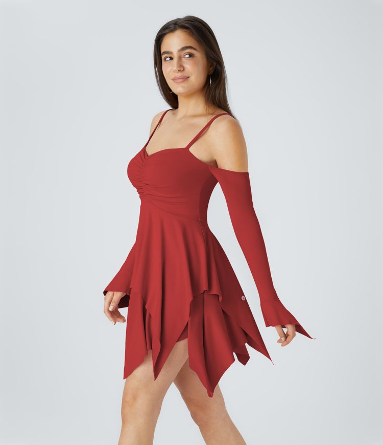 Adjustable Strap Ruched Backless Long Sleeve Layered Hanky Hem Mini Casual Dress