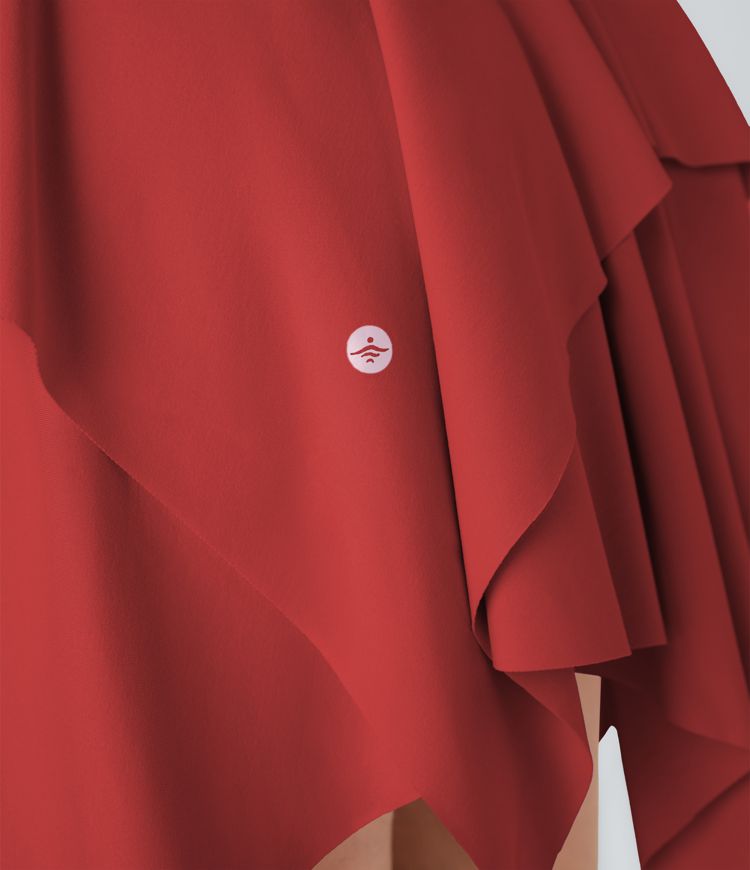 Mini vestido dobladillo pañuelo capa manga larga sin espalda fruncido correa ajustable