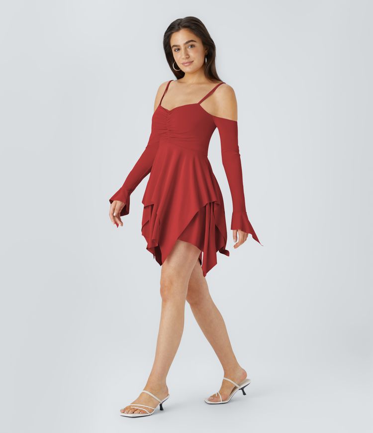 Mini vestido dobladillo pañuelo capa manga larga sin espalda fruncido correa ajustable